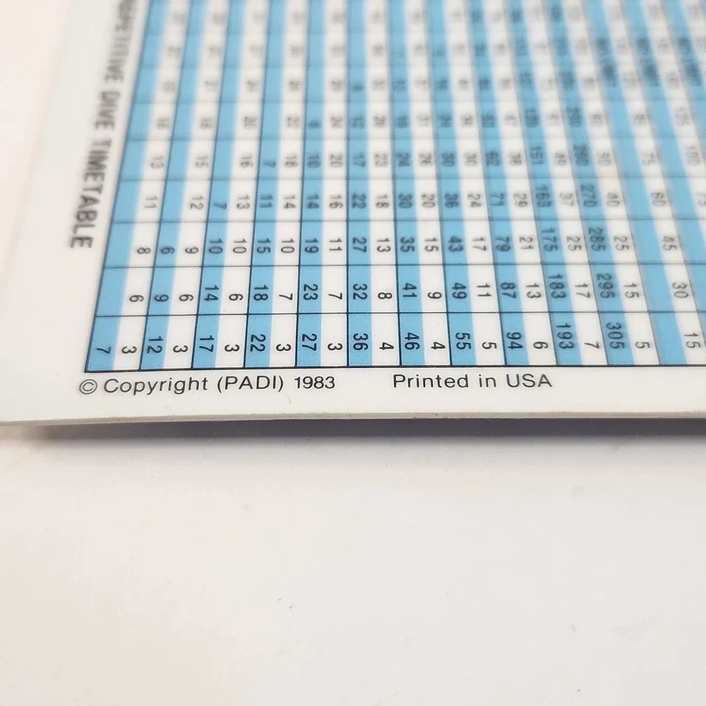 PADI DIVE TABLES Chart -‎ 1983 Plastic Waterproof Laminated